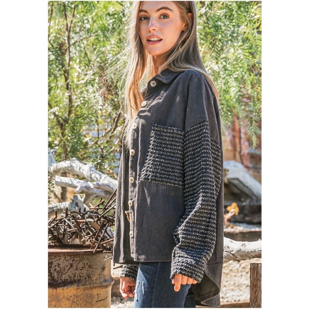 Cozy Corduroy Pockets Button Down Denim Jacket Shacket - Picture 4 of 14